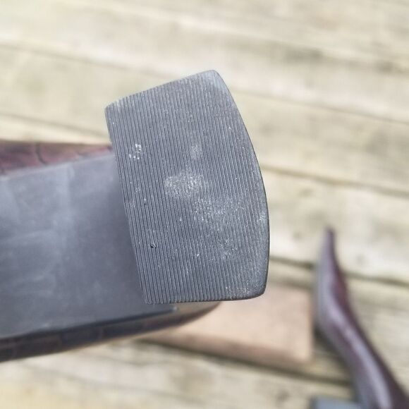 Vintage 90s y2k Brown Leather Croc Embossed Square Toe Chunky Heel Pumps 7 - Picture 2 of 14